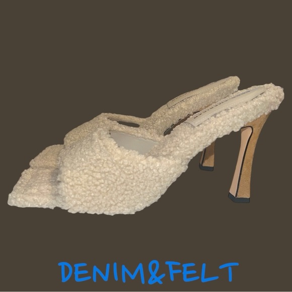 GOOD AMERICAN CREAM VEGAN SHEARLING SHERPA OPEN TOE MULE 4" HEELS NWT/NIB 🤎🤎 - Picture 10 of 14